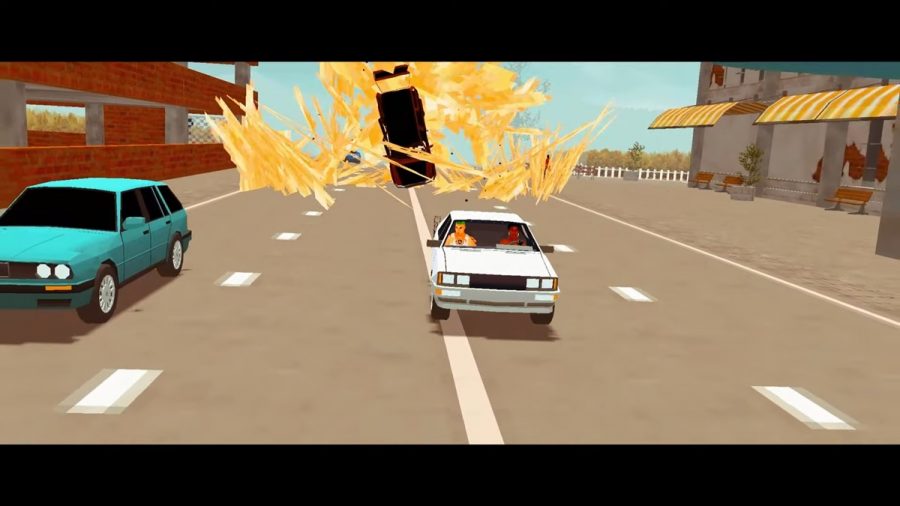 汽车追逐射击游戏《Music Drive》在公路上疯狂攻击其他车辆的小品
